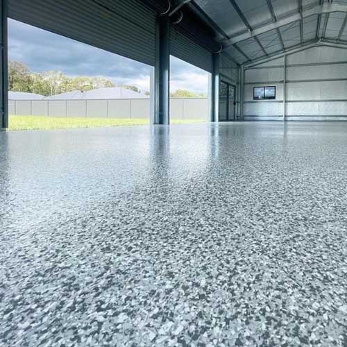 Grey flake epoxy garage floor