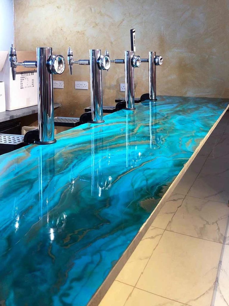 Blue metallic resin bar counter